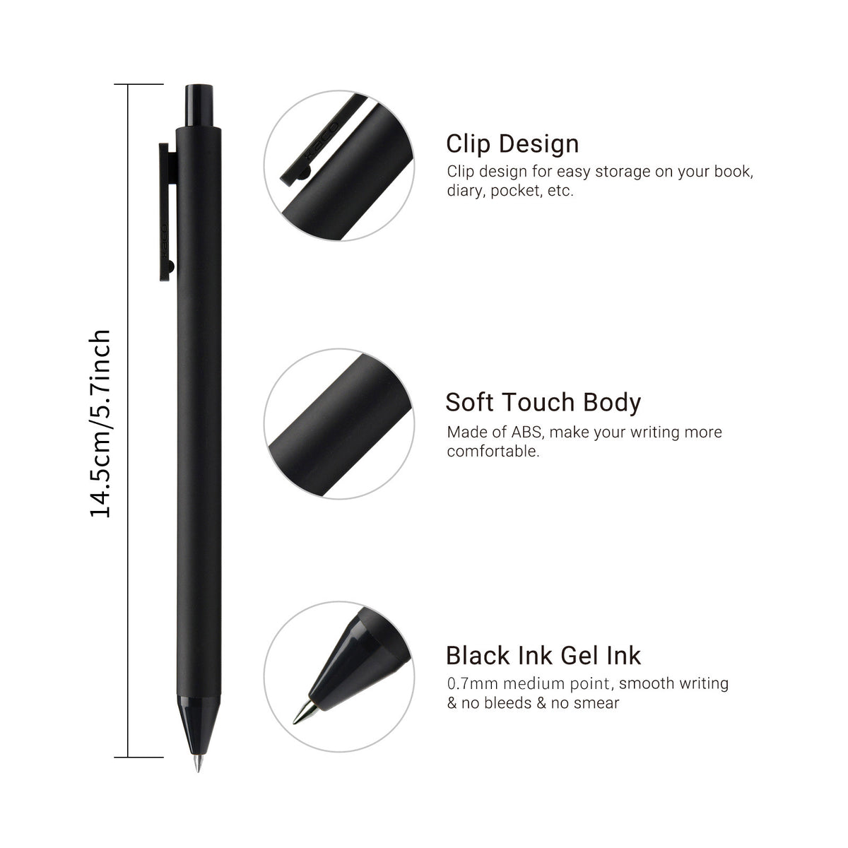 Infographic of a black gel pen, 145 mm long, with close-ups of the clip, soft-touch body and tip