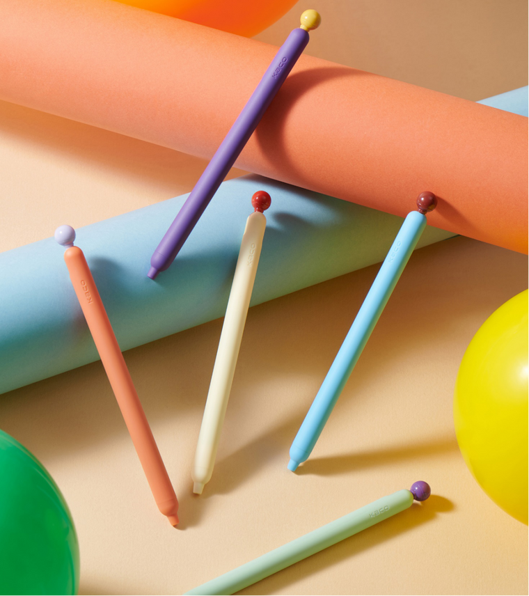 Five POPUP Vintage pens in purple, orange, pale yellow, blue and mint with contrasting round tops on pastel rolls