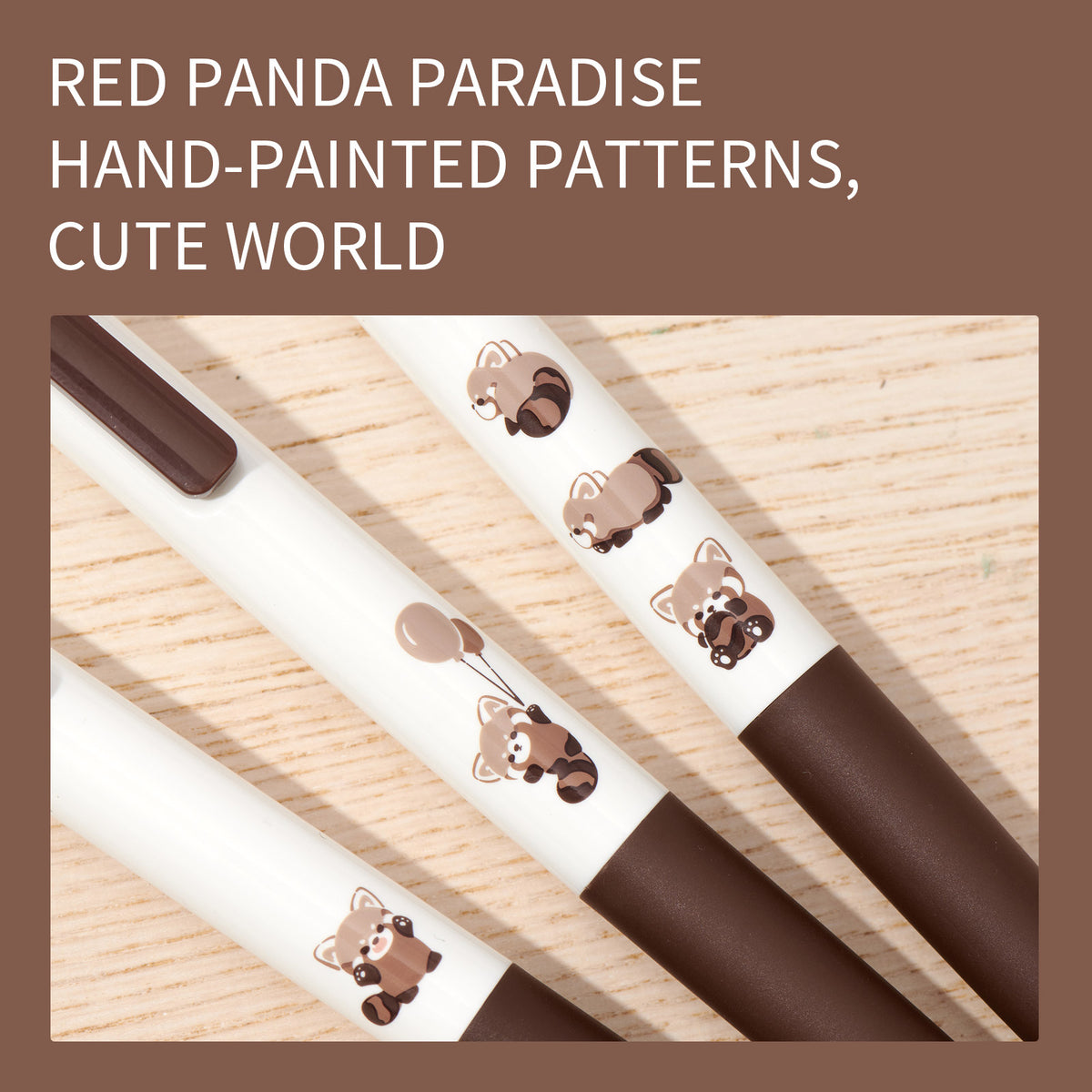 Close-up of Red Panda pen prints on wood; text: red panda paradise, hand-painted patterns