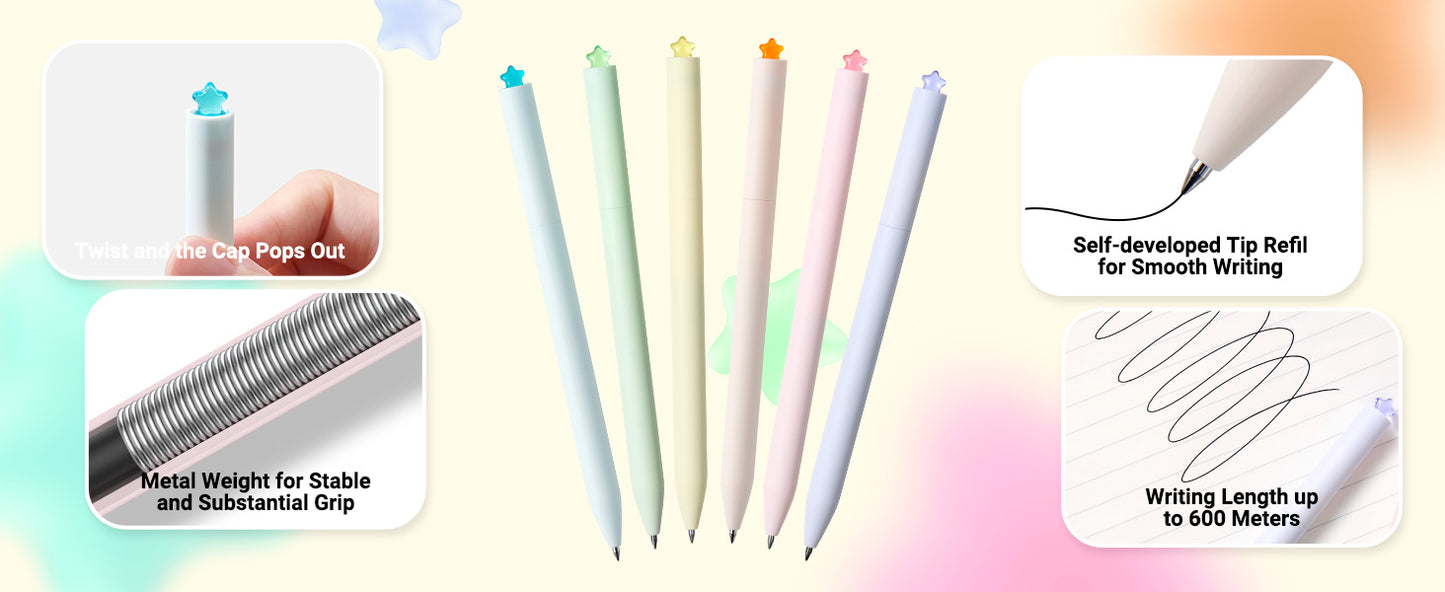 KACO Gel Pens Aesthetic Cute Star Pens for Journaling(6 Pieces with 12 Extra Refills)
