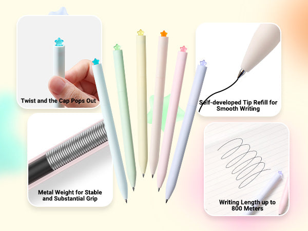 Aesthetic Gel Pens, 6 Pastel Colors with 12 Extra Refills