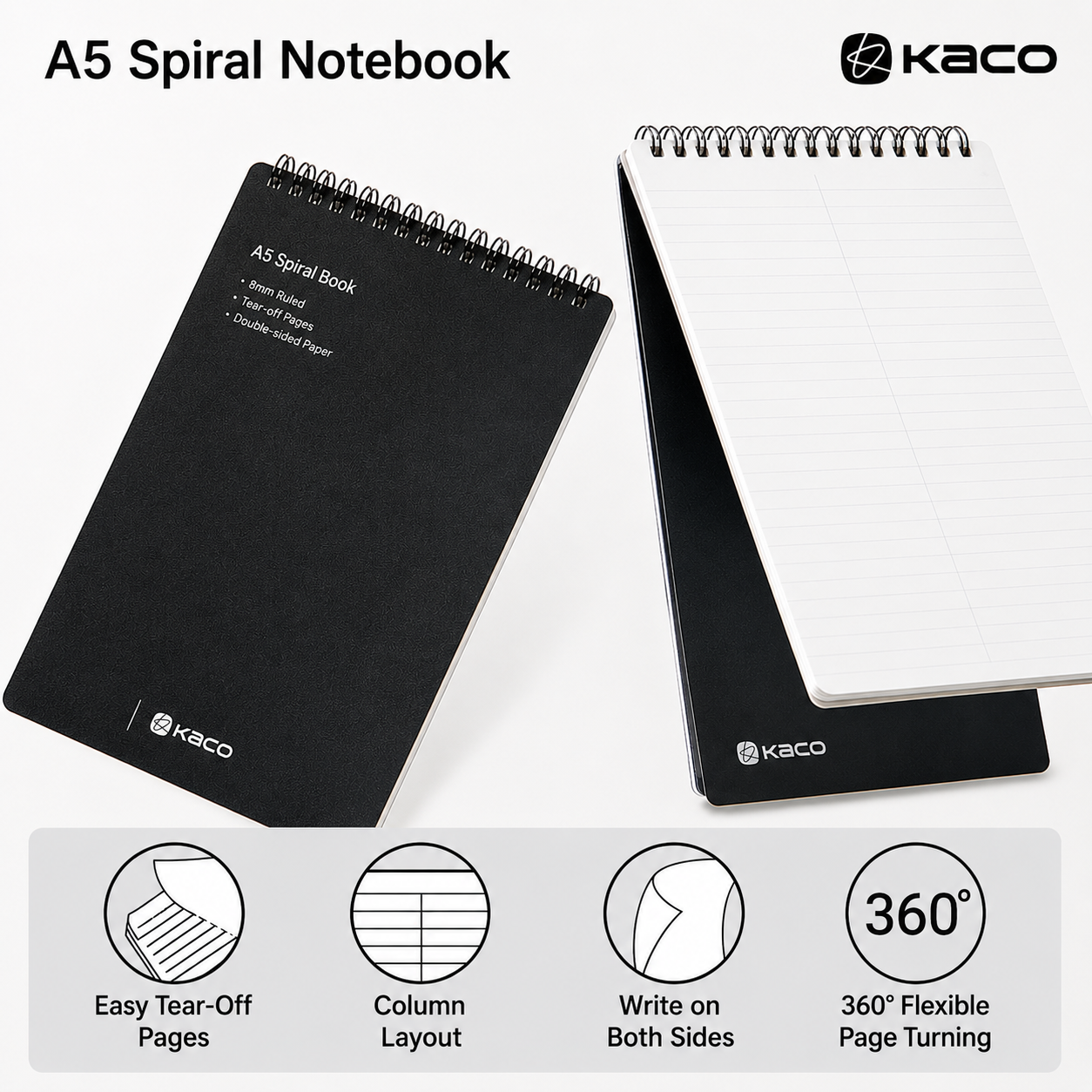 KACO A5 Spiral Notebook – Black, PP Matte Cover, Ruled Pages